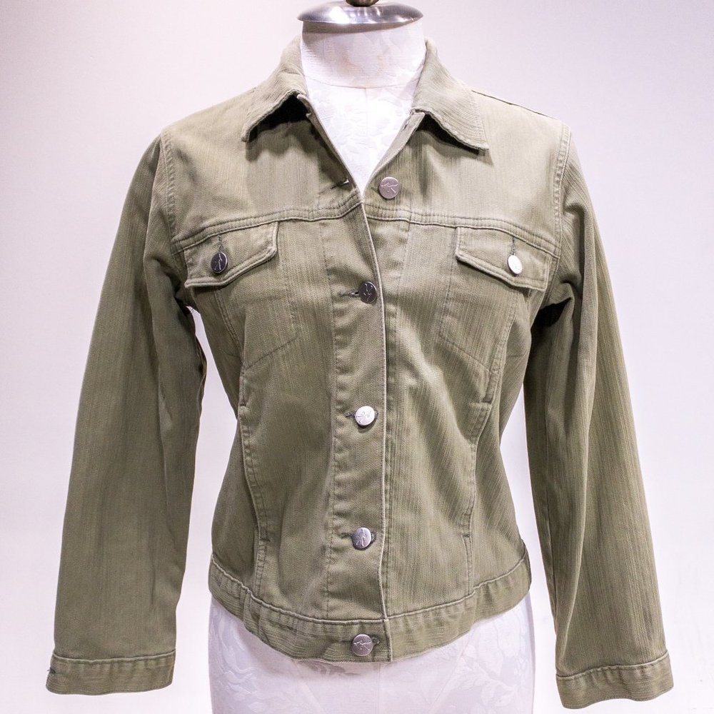 Vintage 90s Y2K Anthropologie S Cotton Jean Jacket Light Green Tan Grey - Picture 9 of 14